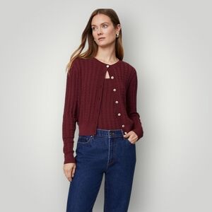 Women's Burgundy Cable Knit Cardigan Sweater
